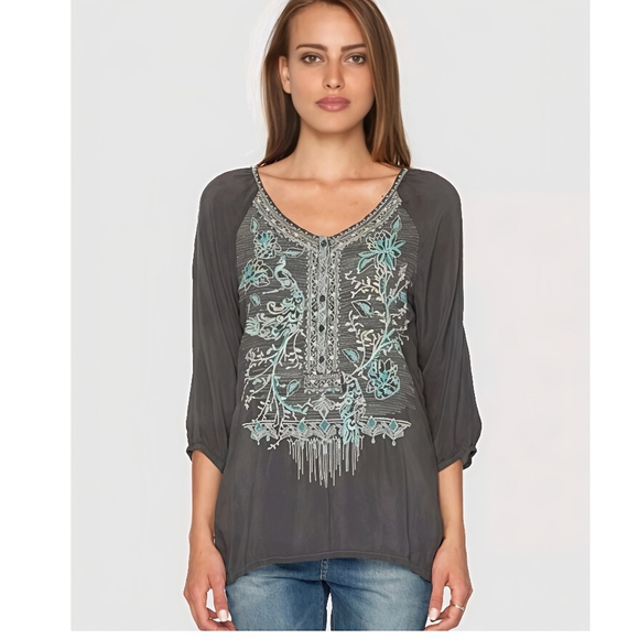 Johnny Was Grey Blue Embroidered Tunic Top, Size LG Bohemian Lagenlook Boho - Picture 2 of 14